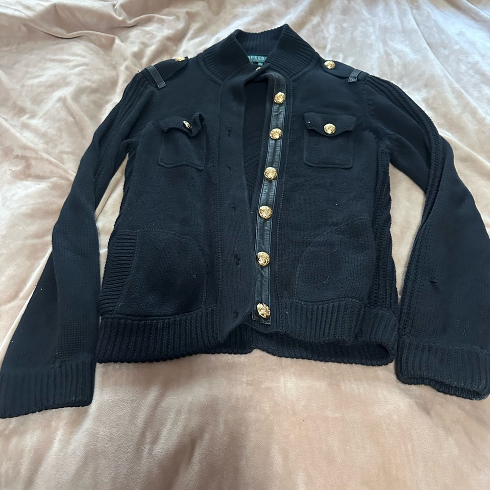 Ralph Lauren Dark Gray Knit Vintage Leather Trim Sweater MP